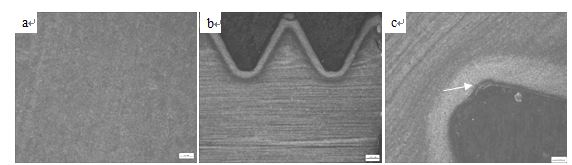 a.回火索氏体组织 b.螺纹渗碳层 c.螺纹根部裂纹