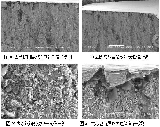 图18去除镀铜层裂纹中部低倍形貌图 19去除镀铜层裂纹边缘低倍形貌
