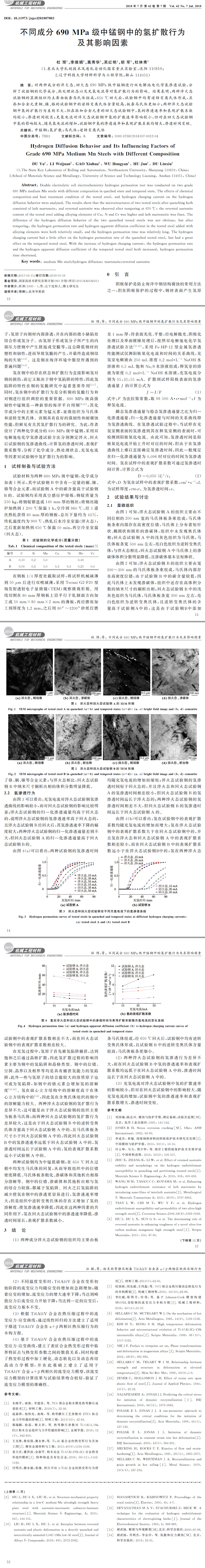 不同成分６９０MPa级中锰钢中的氢扩散行为